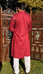 将图像加载到图库查看器中， Men's Lucknowi Handcrafted Cotton Chikankari Kurta - HONC0237353