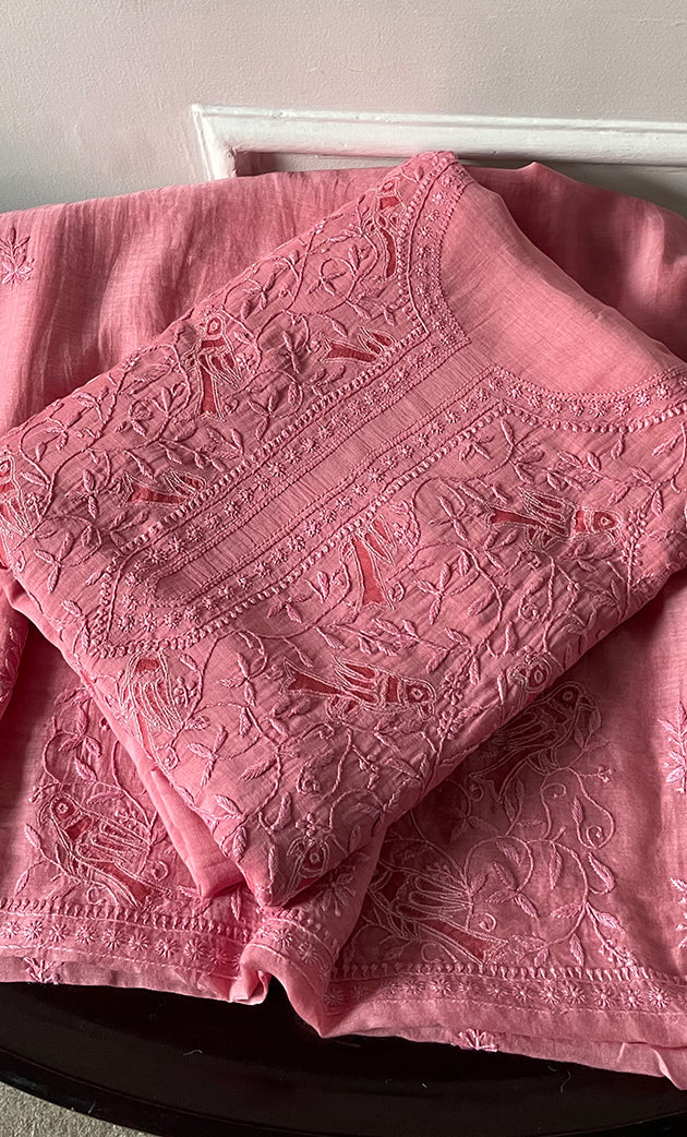 Women's Lakhnavi Handcrafted Unstitched Mul Chanderi Kurta And Dupatta Set - HONC0312996