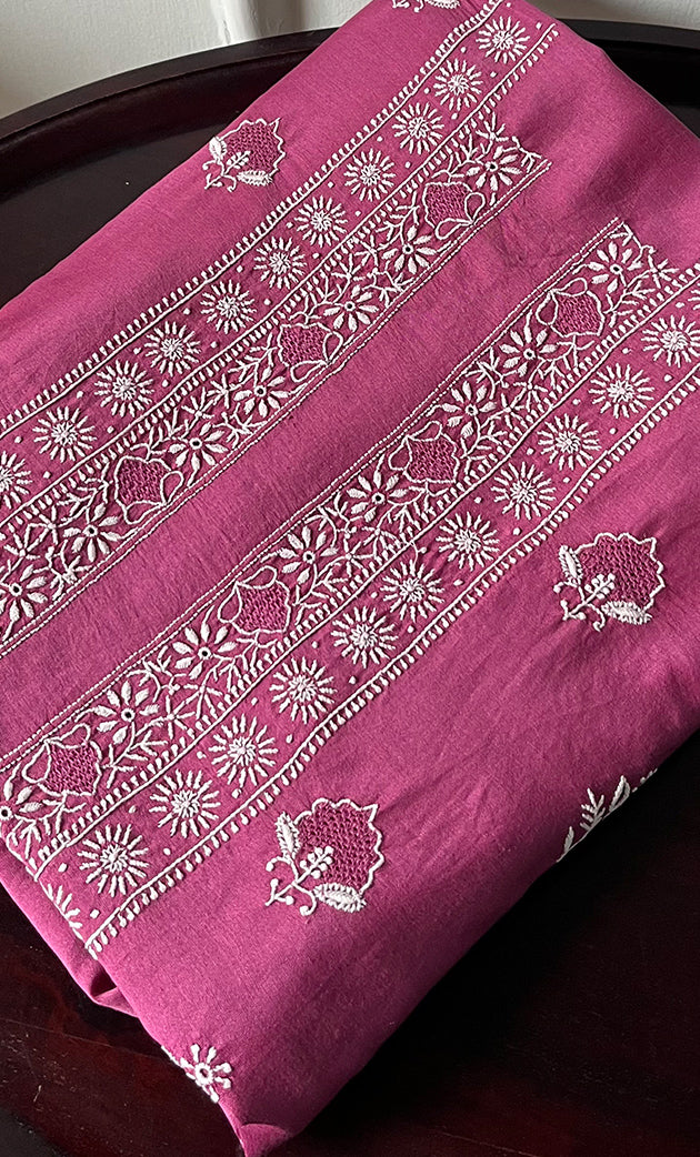 Lucknowi Handcrafted Chanderi Silk Chikankari Unstitched Unisex Kurta Fabric - HONC0255342