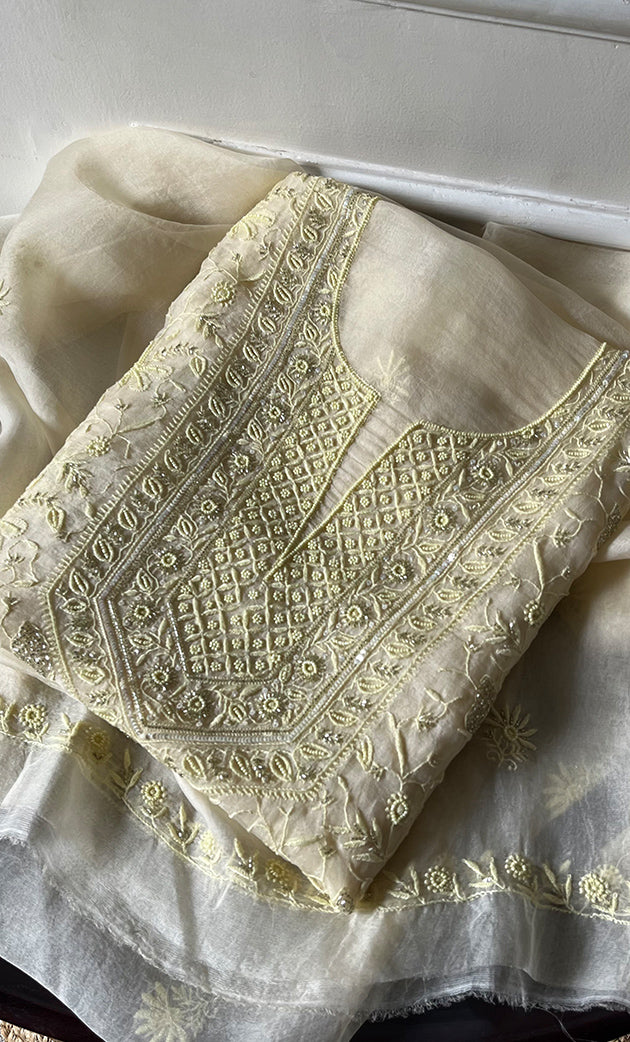 Women's Lakhnavi Handcrafted Pure Organza Chikankari Unstitched Kurta And Dupatta Set- HONC0263886