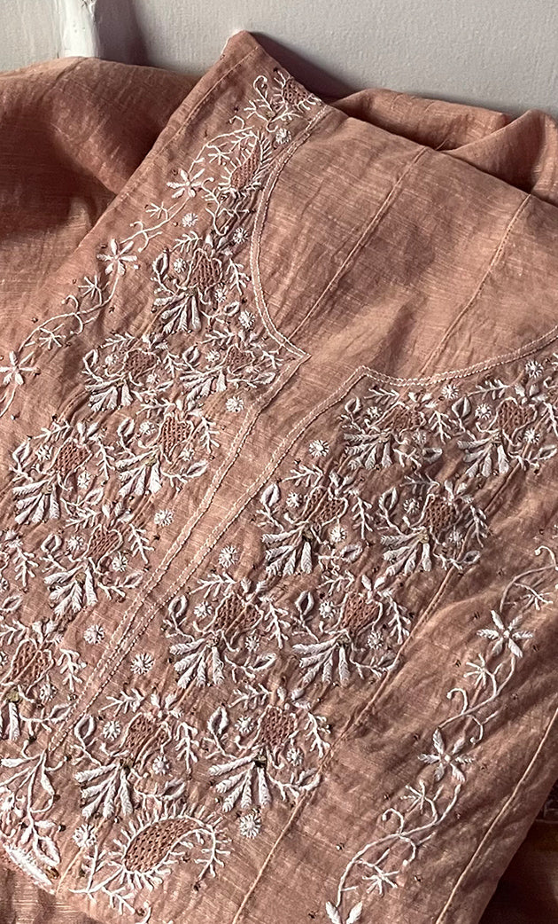 Women's Lakhnavi Handcrafted Chanderi Silk Semi - Stitched Anarkali And Dupatta Set - HONC0273163
