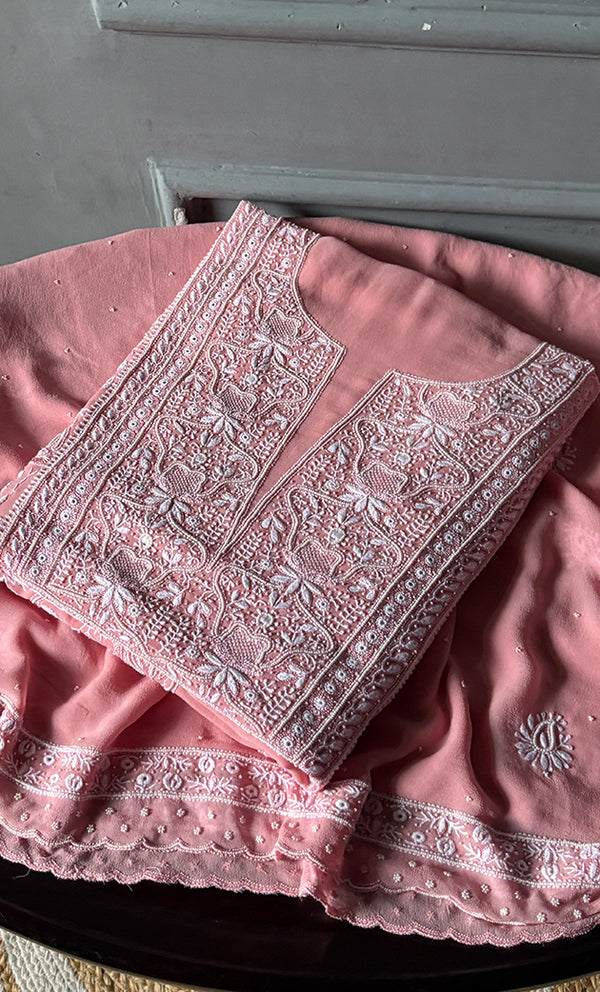Women's Lakhnavi Handcrafted Pure Silk Georgette Chikankari Kurta And Dupatta Set - HONC0291001