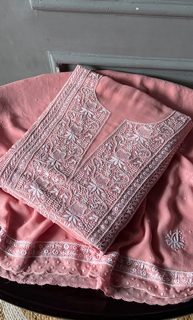 Women's Lakhnavi Handcrafted Pure Silk Georgette Chikankari Kurta And Dupatta Set - HONC0291001