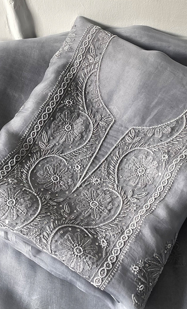 Women's Lakhnavi Handcrafted Pure Organza Chikankari Unstitched Kurta And Dupatta Set- HONC0314169