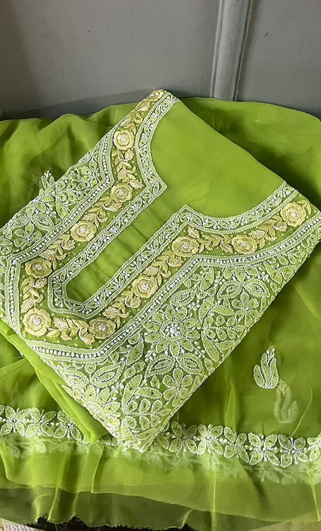 Women's Lakhnavi Handcrafted Unstitched Faux-Georgette Chikankari Suit Material - HONC0263407