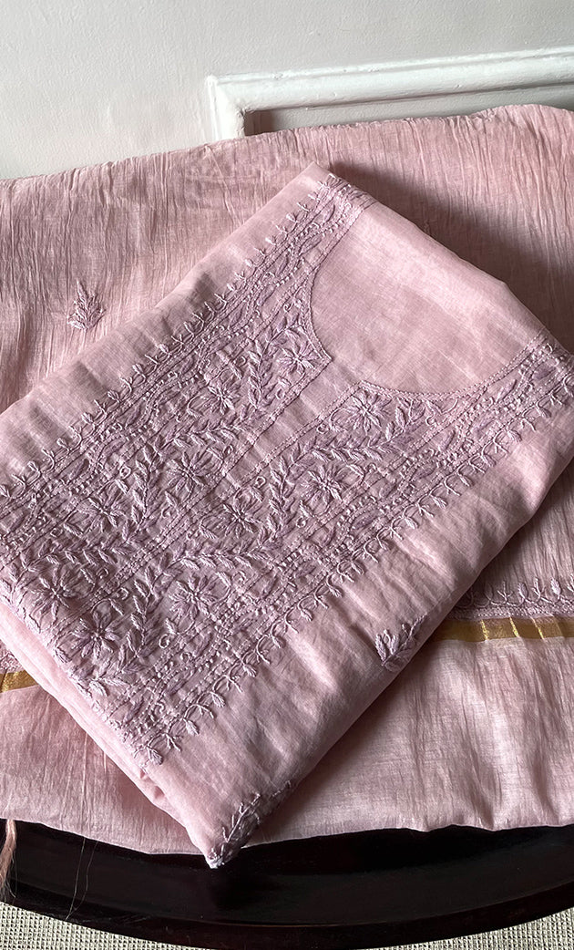 Women's Lakhnavi Handcrafted Mul Chanderi Unstitched Chikankari Full Suit Material - HONC0319532
