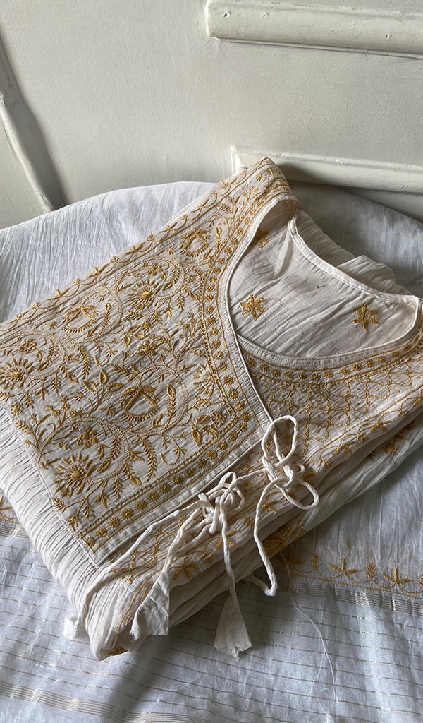 Women's Lakhnavi Handcrafted Mul Chanderi Semi - stitched Angrakha And Dupatta Set - HONC0300850