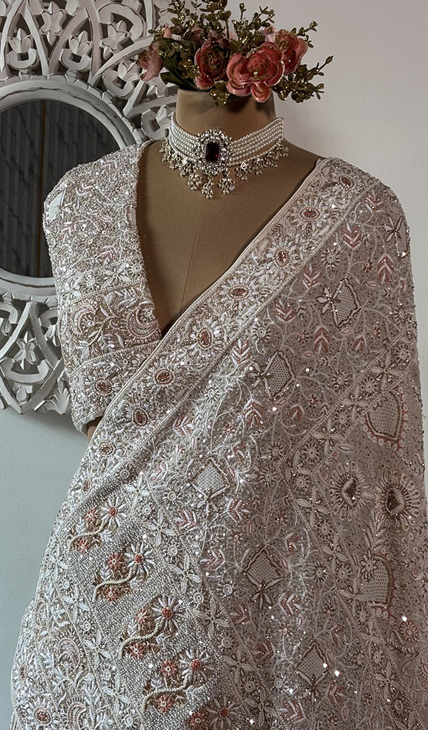 Women's Lakhnavi Handcrafted Bridal Pure Silk Georgette Chikankari Lehenga Set - HONC0263727
