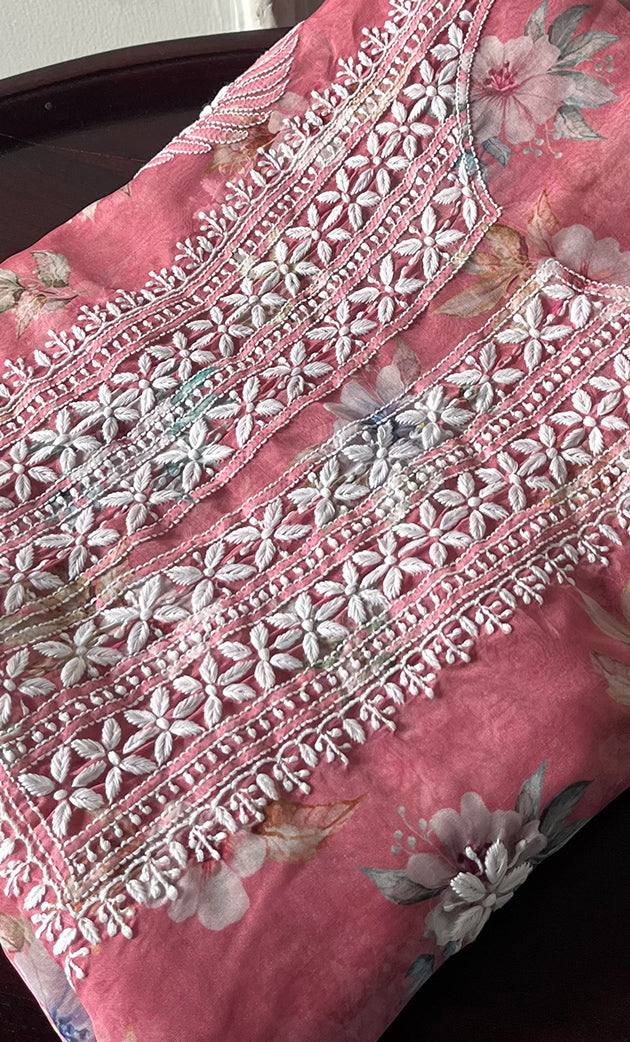 Disha Women's Lakhnavi Handcrafted Organza Chikankari Unstitched Kurti Fabric - HONC0332149