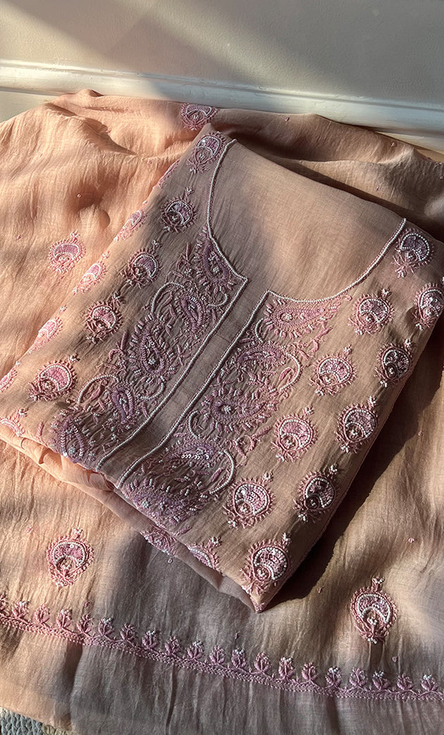 Women's Lakhnavi Handcrafted Mul Chanderi UnStitched Kurta And Dupatta Set - HONC0302252