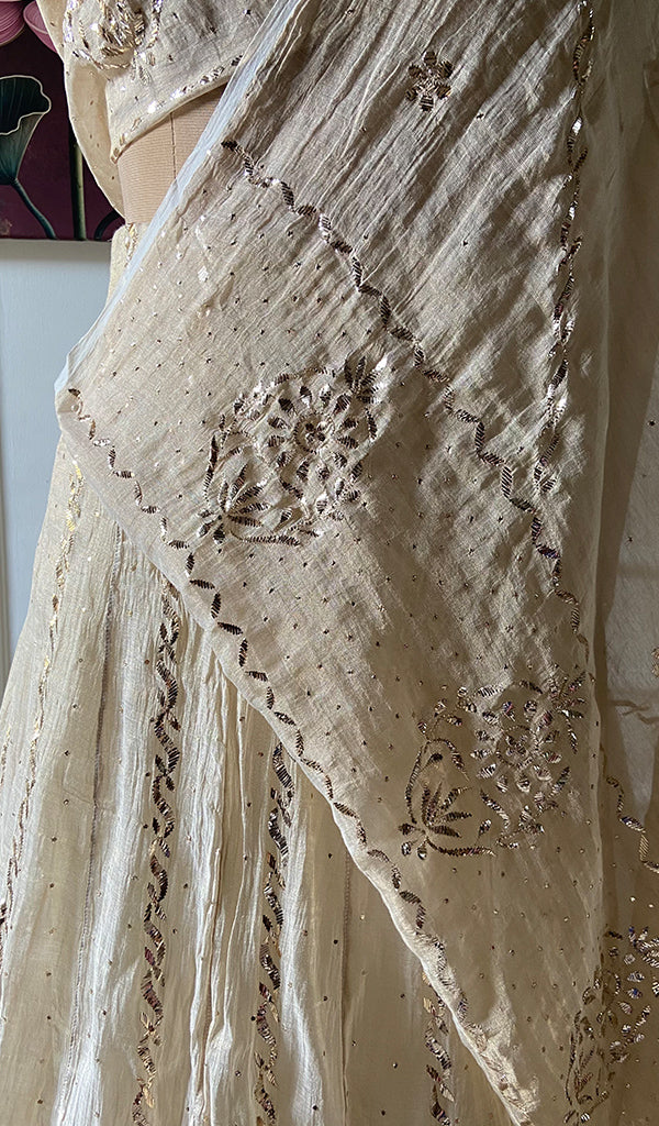 Women's Lakhnavi Handcrafted Bridal Tissue Chanderi Chikankari Lehenga Set - HONC0353217