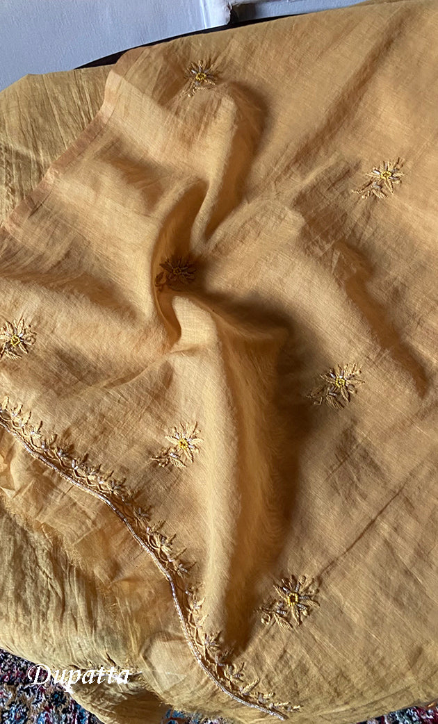 Women's Lakhnavi Handcrafted Mul Chanderi Unstitched Chikankari Full Suit Material - HONC0328113