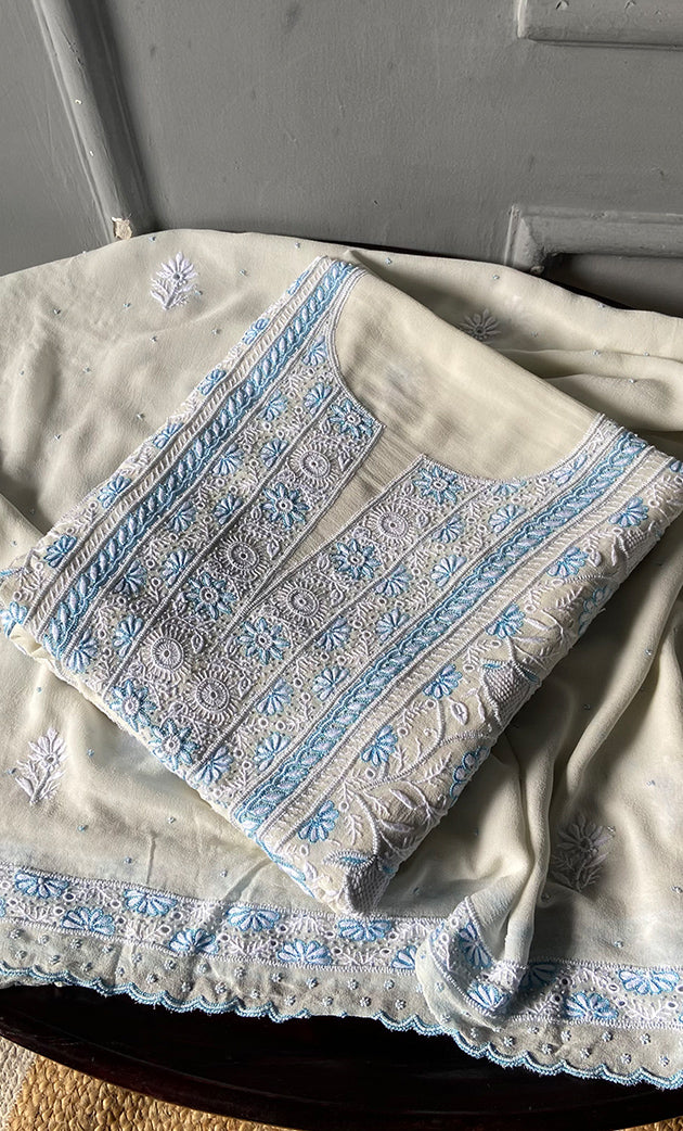 Women's Lakhnavi Handcrafted Pure Silk Georgette Chikankari Kurta And Dupatta Set - HONC0295347