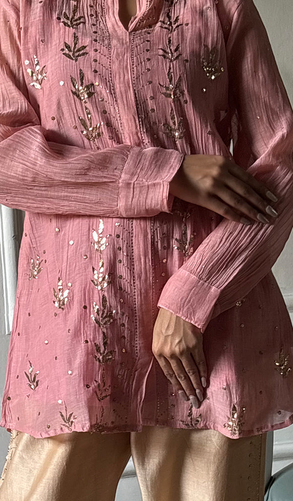 Emma Women's Lucknowi Handcrafted Mul Chanderi Stitched Chikankari Kurta And Pant Set- HONC0338384