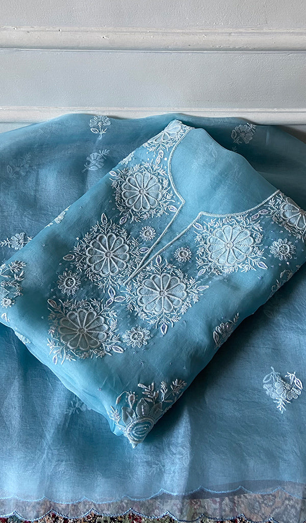 Women's Lakhnavi Handcrafted Pure Organza Chikankari Unstitched Kurta And Dupatta Set- HONC0351154
