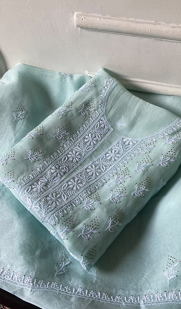 Women's Lakhnavi Handcrafted Pure Organza Chikankari Unstitched Kurta And Dupatta Set- HONC0351775