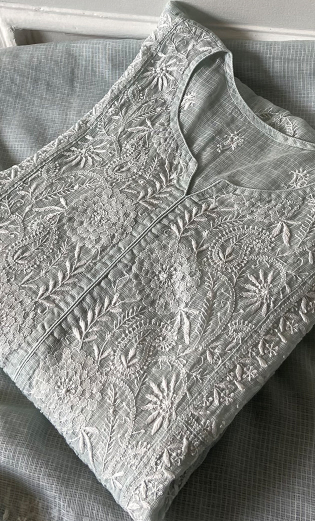 Women's Lucknowi Handcrafted Kota Cotton Chikankari Unstitched Kurta And Dupatta Set - HONC0307250