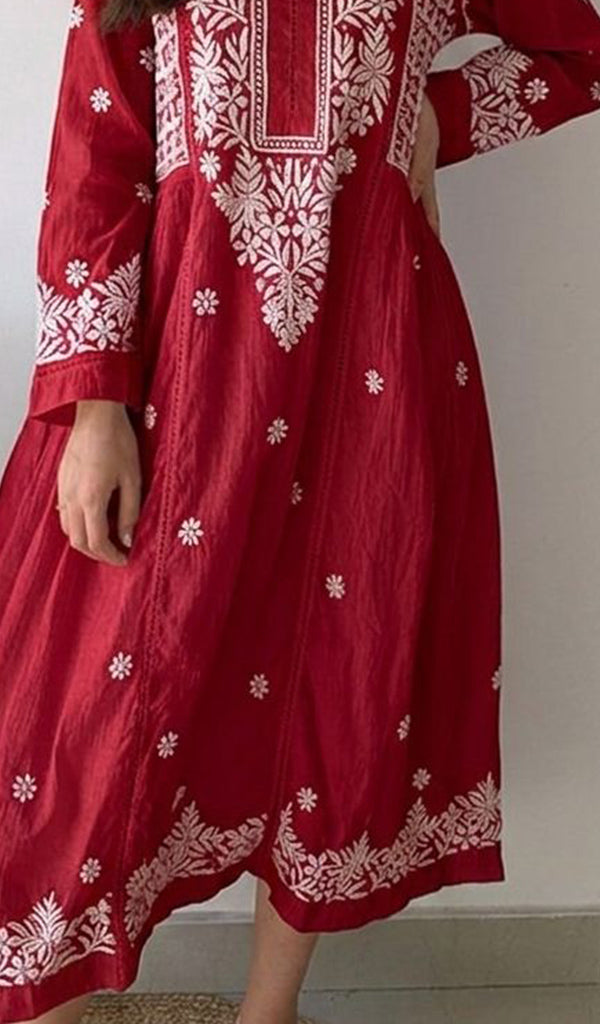 Fariah Women's Lucknowi Handcrafted Mul Chanderi Chikankari Kurti - HONC04497617