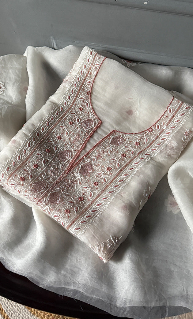 Women's Lakhnavi Handcrafted Pure Organza Chikankari Unstitched Kurta And Dupatta Set- HONC0307959