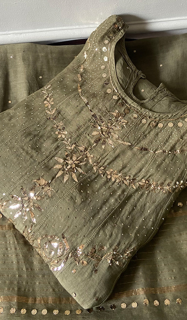 Women's Lakhnavi Handcrafted Mul Chanderi Semi - Stitched Anarkali And Dupatta Set - HONC0355011