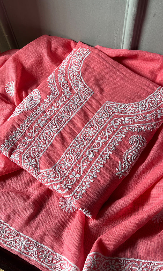 Ayat Women's Lucknowi Handcrafted Kota Cotton Chikankari Unstitched Kurta And Dupatta Set - HONC0312648
