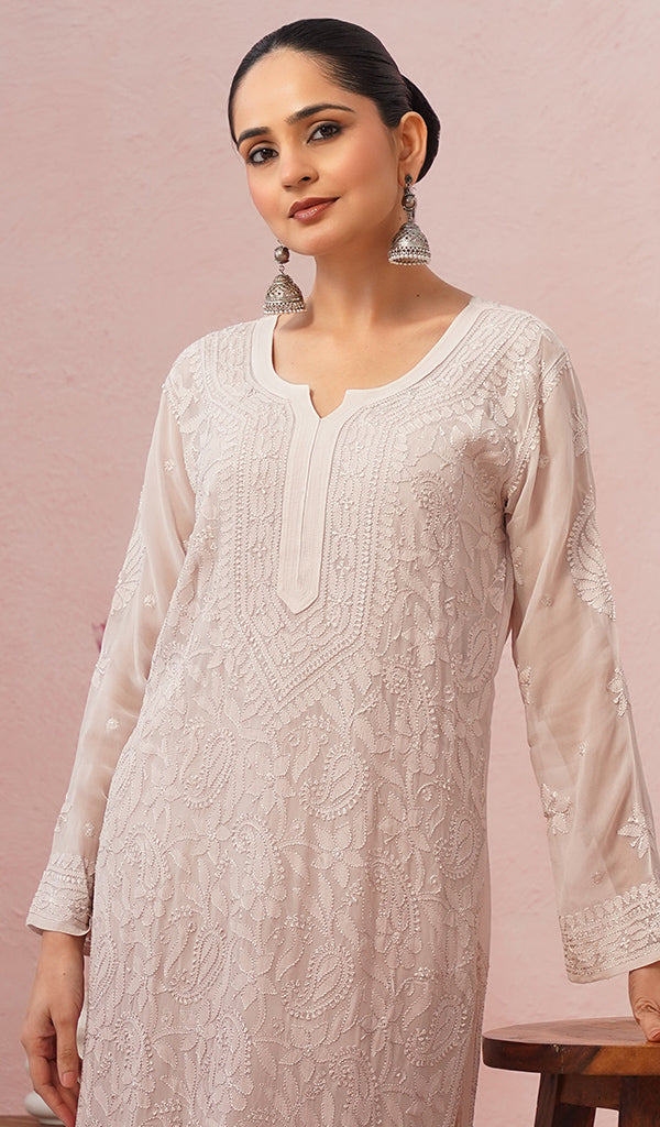 Safiya Women's Lakhnavi Handcrafted Viscose Georgette Chikankari Kurti - HONC04654925