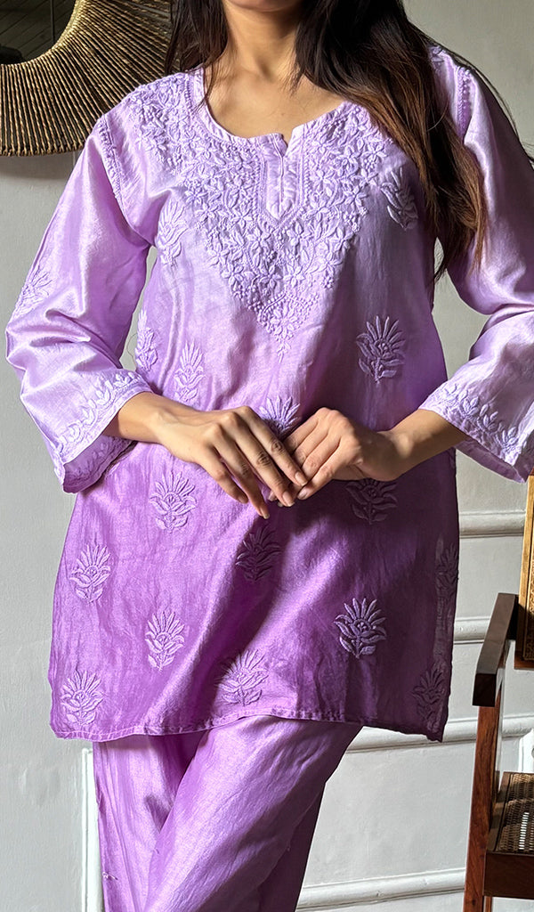 Riddhi Women's Lakhnavi Handcrafted Chanderi Silk Chikankari Top And Pant Set - HONC0264760