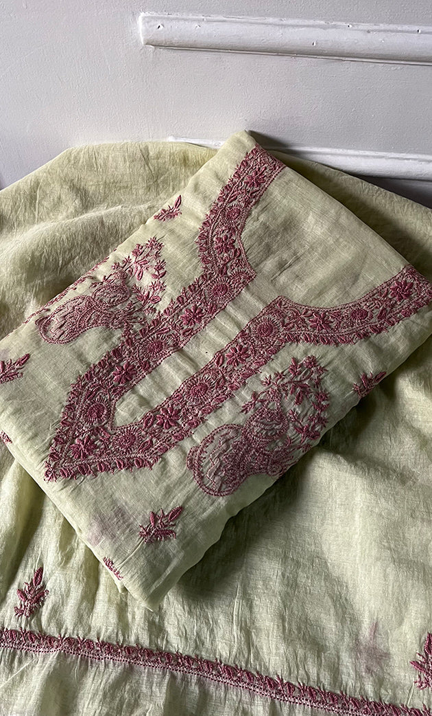 Women's Lakhnavi Handcrafted Mul Chanderi Unstitched Chikankari Full Suit Material - HONC0326123