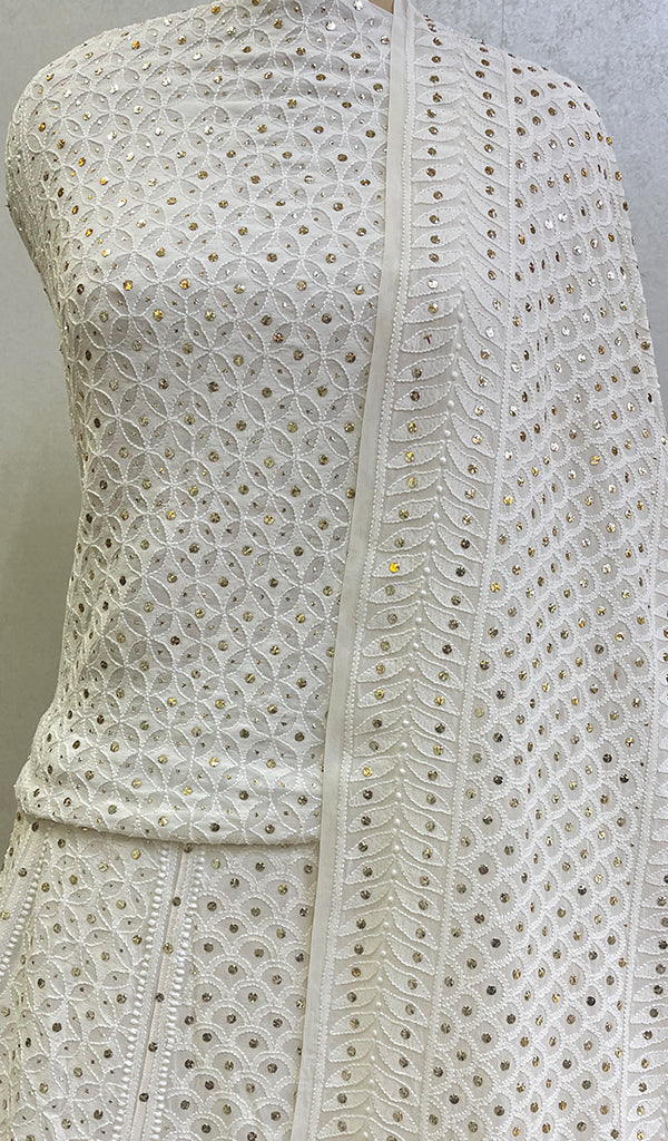 Women's Lakhnavi Handcrafted Bridal Pure Silk Georgette Chikankari Lehenga Set - HONC0127393