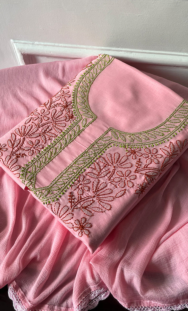 Women's Lakhnavi Handcrafted Unstitched Cotton Chikankari Suit Material - HONC0316590