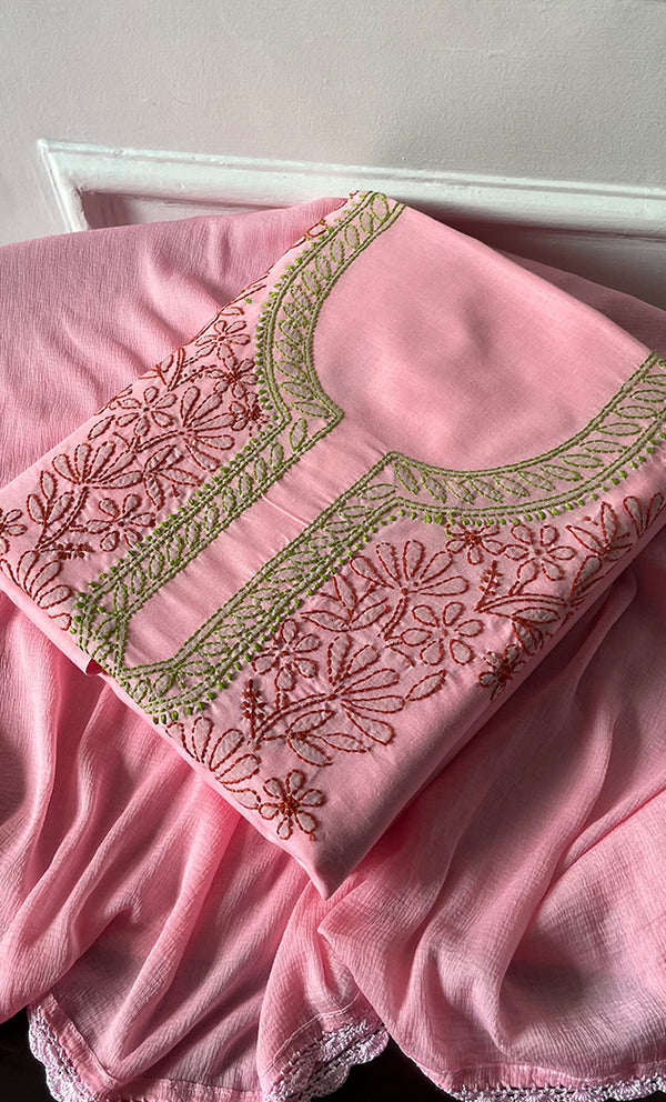 Women's Lakhnavi Handcrafted Unstitched Cotton Chikankari Suit Material - HONC0316590