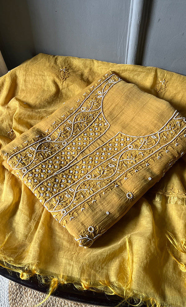 Women's Lakhnavi Handcrafted Mul Chanderi Unstitched Kurta And Dupatta Set- HONC0310813