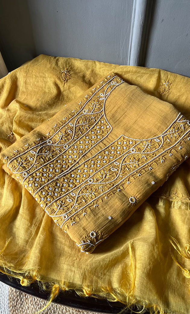 Women's Lakhnavi Handcrafted Mul Chanderi Unstitched Kurta And Dupatta Set- HONC0310813