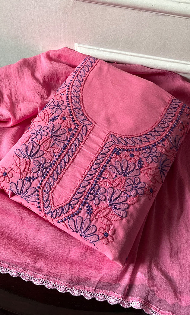 Women's Lakhnavi Handcrafted Unstitched Cotton Chikankari Suit Material - HONC0321792