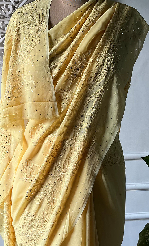 Women's Lakhnavi Handcrafted Viscose Georgette Chikankari Saree - HONC0317908