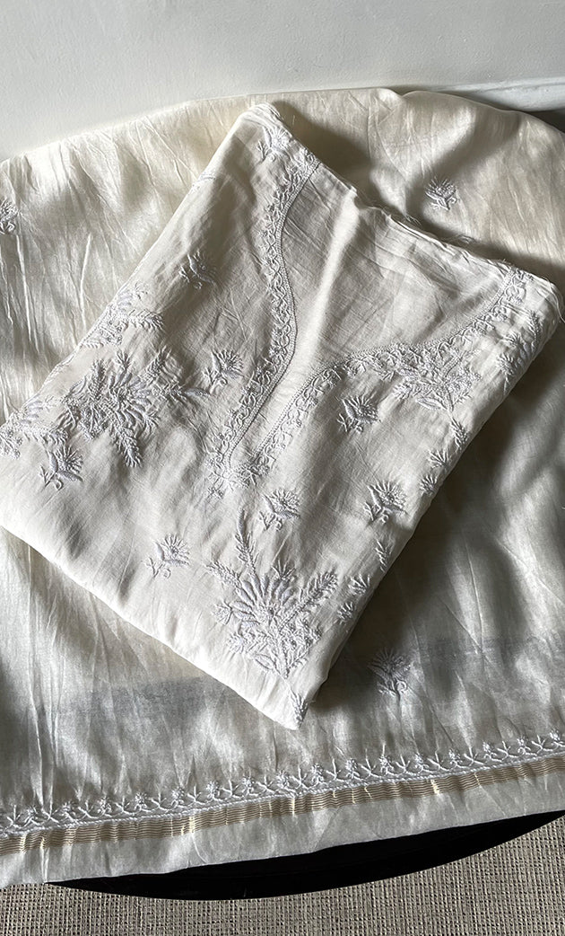 Women's Lakhnavi Handcrafted Chanderi Silk Semi - Stitched Kurta And Dupatta Set - HONC0314227