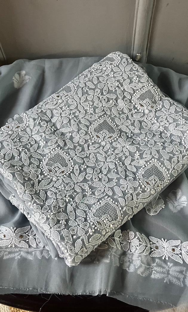 Women's Lakhnavi Handcrafted Unstitched Faux-Georgette Chikankari Suit Material - HONC0263372