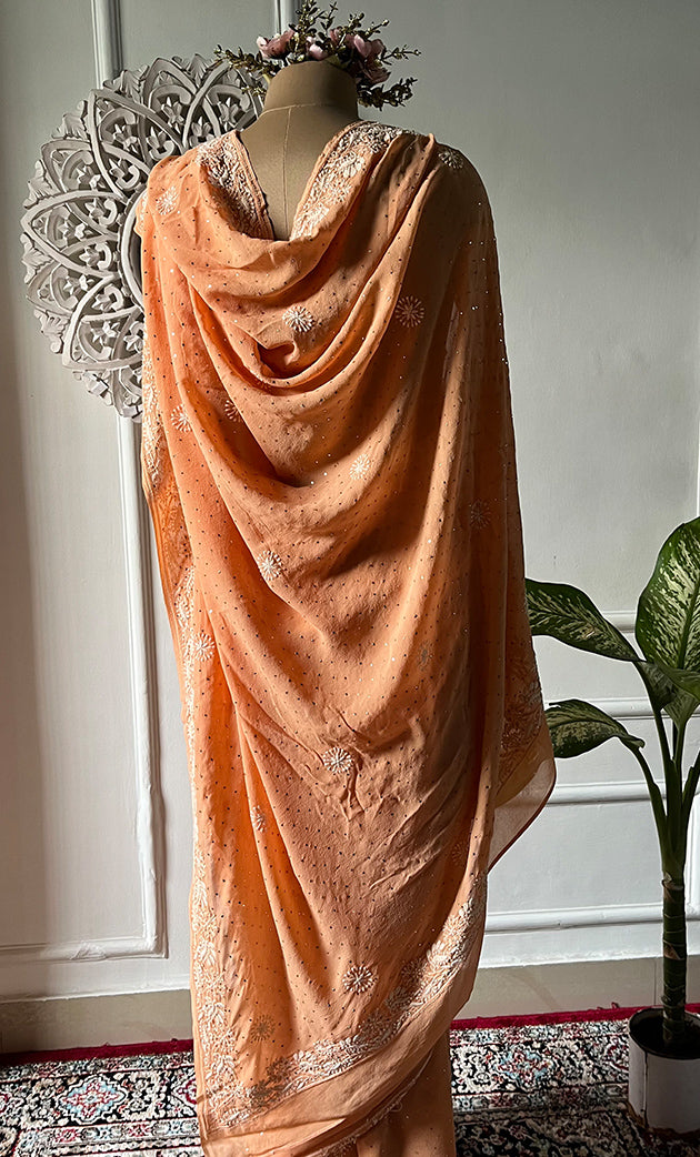 Women's Lakhnavi Handcrafted Pure Silk Georgette Chikankari Saree - HONC0274172