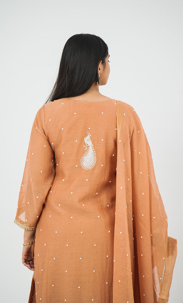 Women's Lakhnavi Handcrafted Mul Chanderi Chikankari Stitched Kurta, Dupatta And Pant Set - HONC03144550
