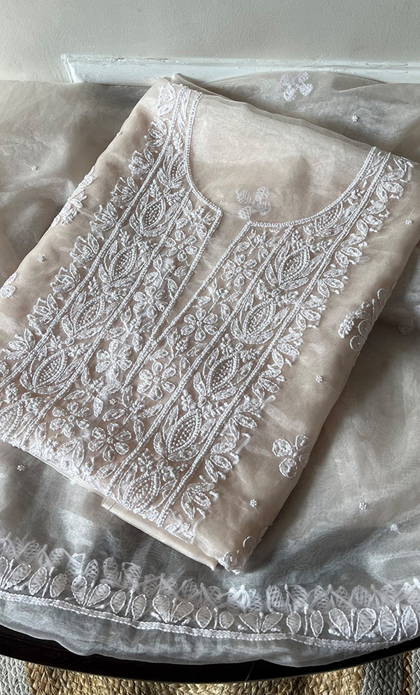 Women's Lakhnavi Handcrafted Organza Chikankari Unstitched Full Suit Material - HONC0284619