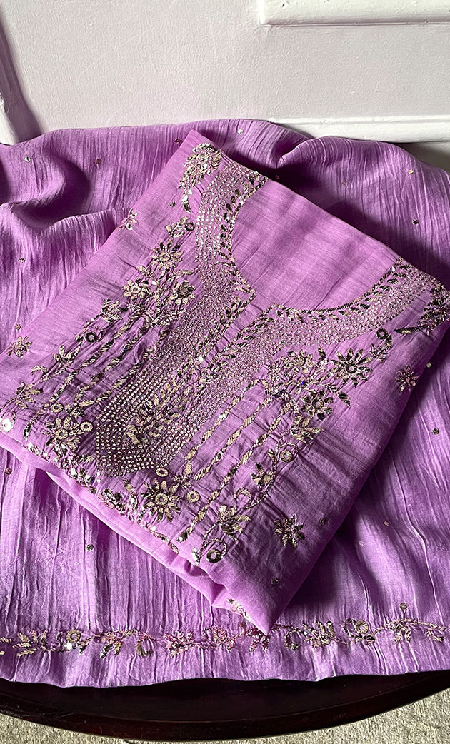 Women's Lakhnavi Handcrafted Mul Chanderi Unstitched Chikankari Kurta Dupatta Set - HONC0323631