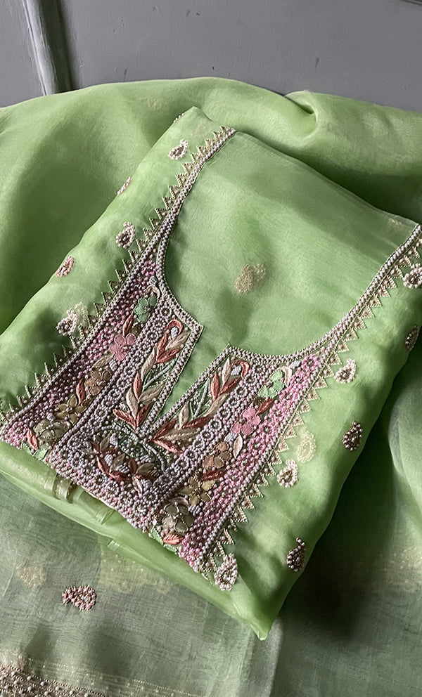 Women's Lakhnavi Handcrafted Pure Organza  Silk Chikankari Unstitched Full Suit Material - HONC0267226