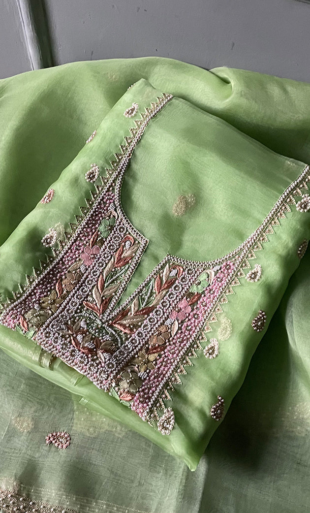 Women's Lakhnavi Handcrafted Pure Organza  Silk Chikankari Unstitched Full Suit Material - HONC0267226