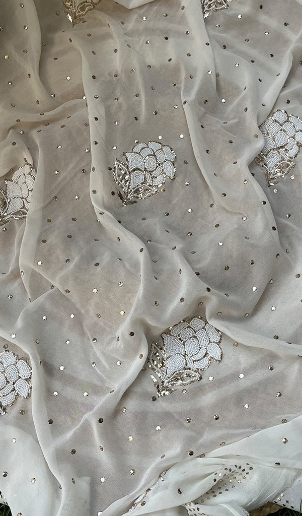 Women's Lakhnavi Handcrafted Pure Silk Georgette Chikankari Saree - HONC0278767