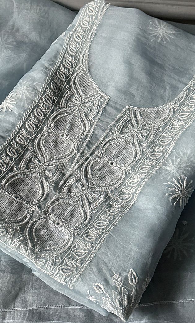 Women's Lakhnavi Handcrafted Pure Organza Chikankari Unstitched Kurta And Dupatta Set- HONC0304487