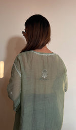 Green Pure Mul Chanderi Chikankari Stitched Short Kurti