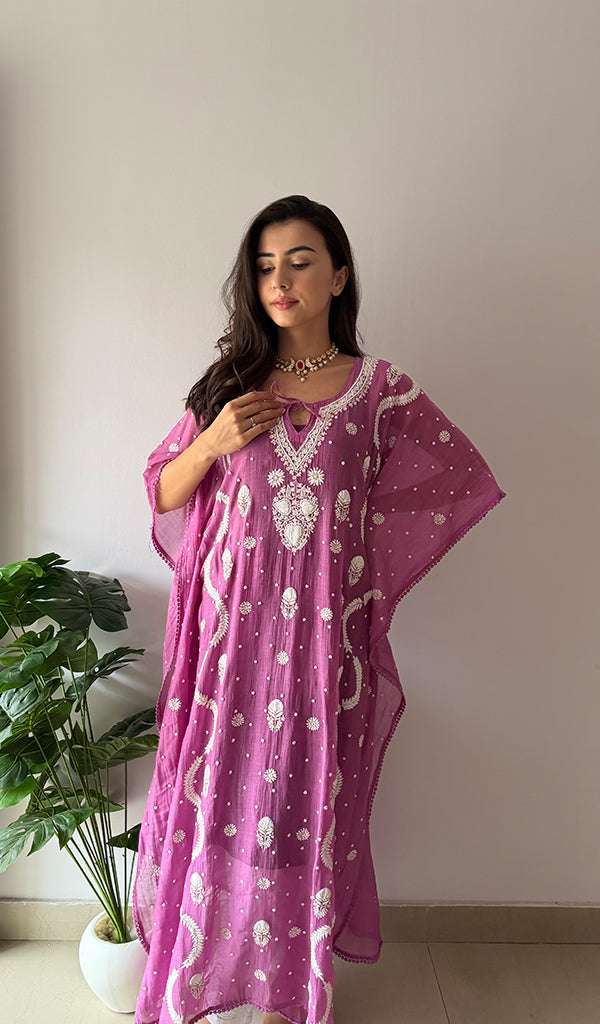 Rabia Women's Lucknowi Handcrafted Mul chanderi Chikankari Kaftan - HONC0334561