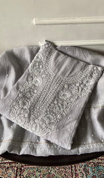 Load image into Gallery viewer, Basma Women's Lucknowi Handcrafted Mul Chanderi Semi - stitched Chikankari Anarkali Full Set - HONC0355629