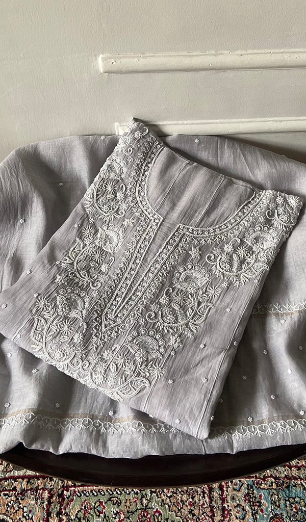 Basma Women's Lucknowi Handcrafted Mul Chanderi Semi - stitched Chikankari Anarkali Full Set - HONC0355629