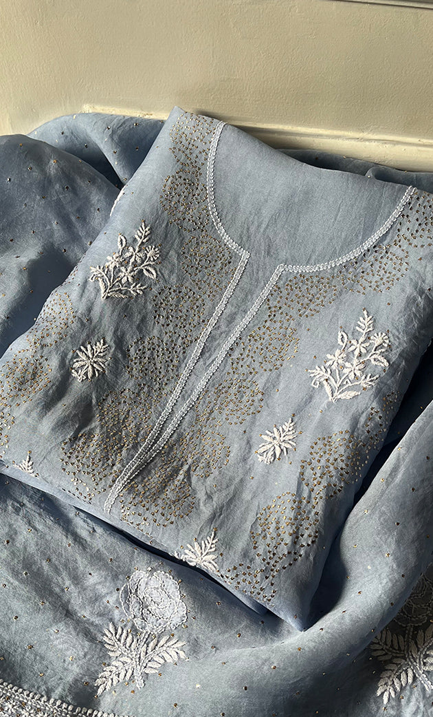 Afeera Women's Lakhnavi Handcrafted Pure Organza Chikankari Unstitched Kurta And Dupatta Set- HONC0302226